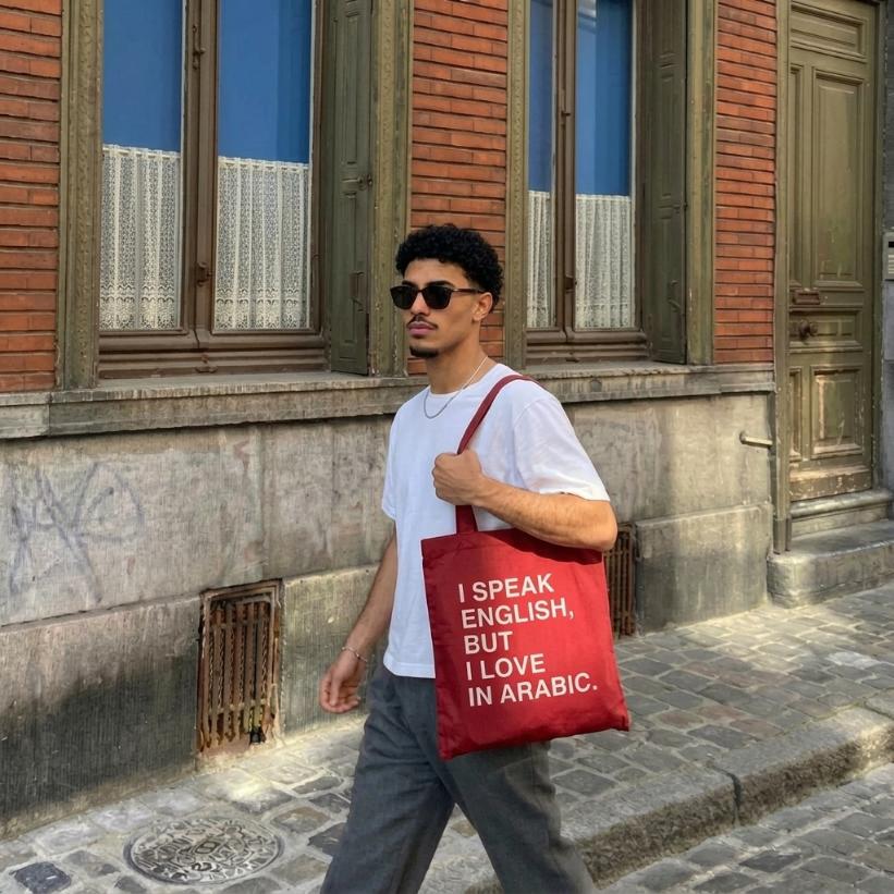 I Speak English, But I Love In Arabic Tote Bag