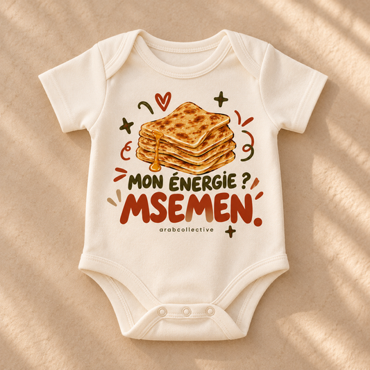 "MON ENERGIE MSEMEN" NEWBORN ONESIE