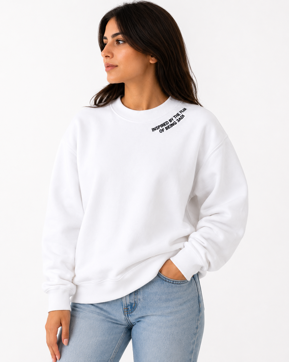 Model wearing crewneck
