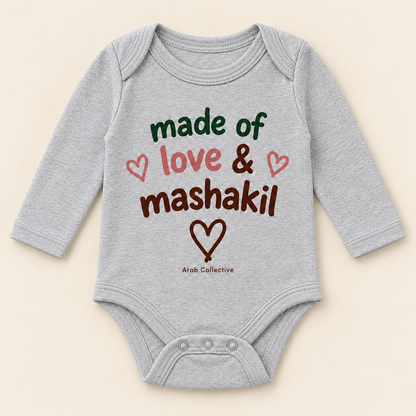 "MADE OF LOVE AND MASHAKIL" NEWBORN ONESIE LONG SLEEVE