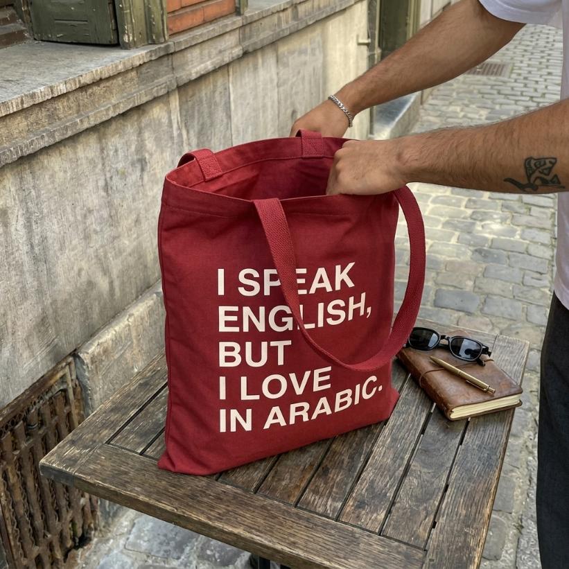 I Speak English, But I Love In Arabic Tote Bag